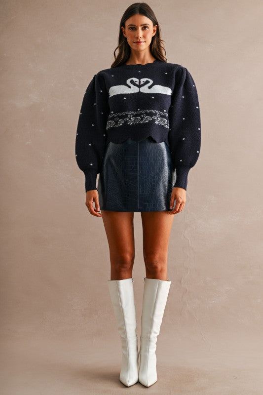 Camila Faux Crocodile Leather Mini Skirt in Navy
