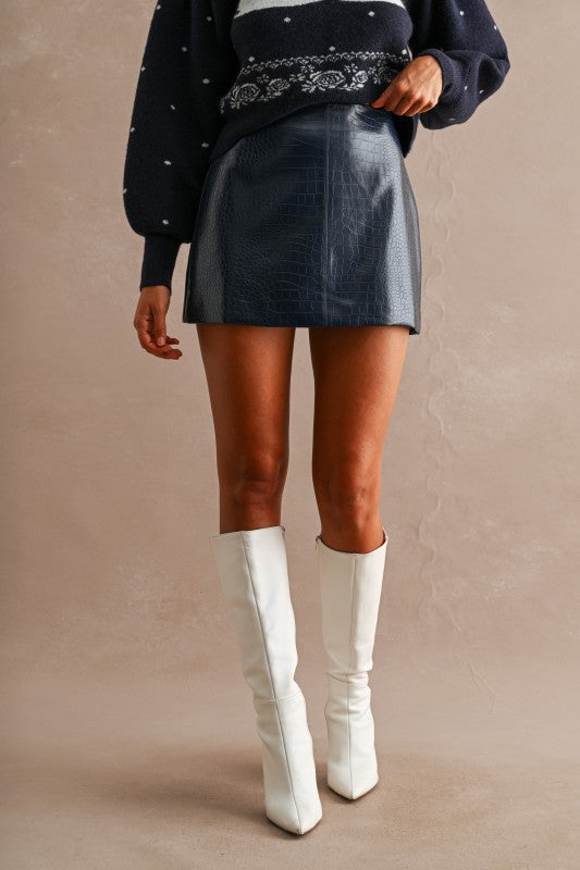 Camila Faux Crocodile Leather Mini Skirt in Navy