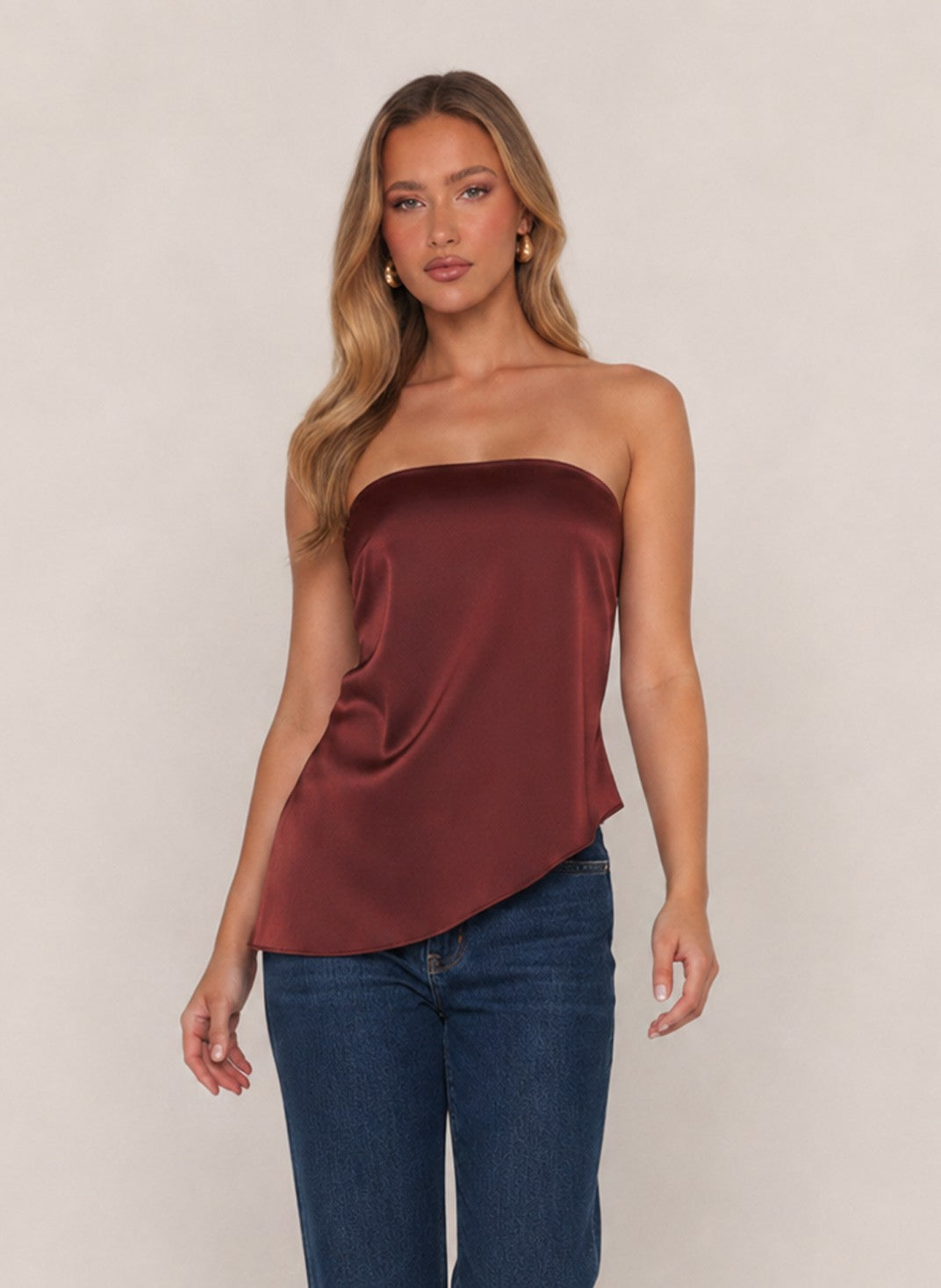Kennedy Satin Strapless Top with Draped Back