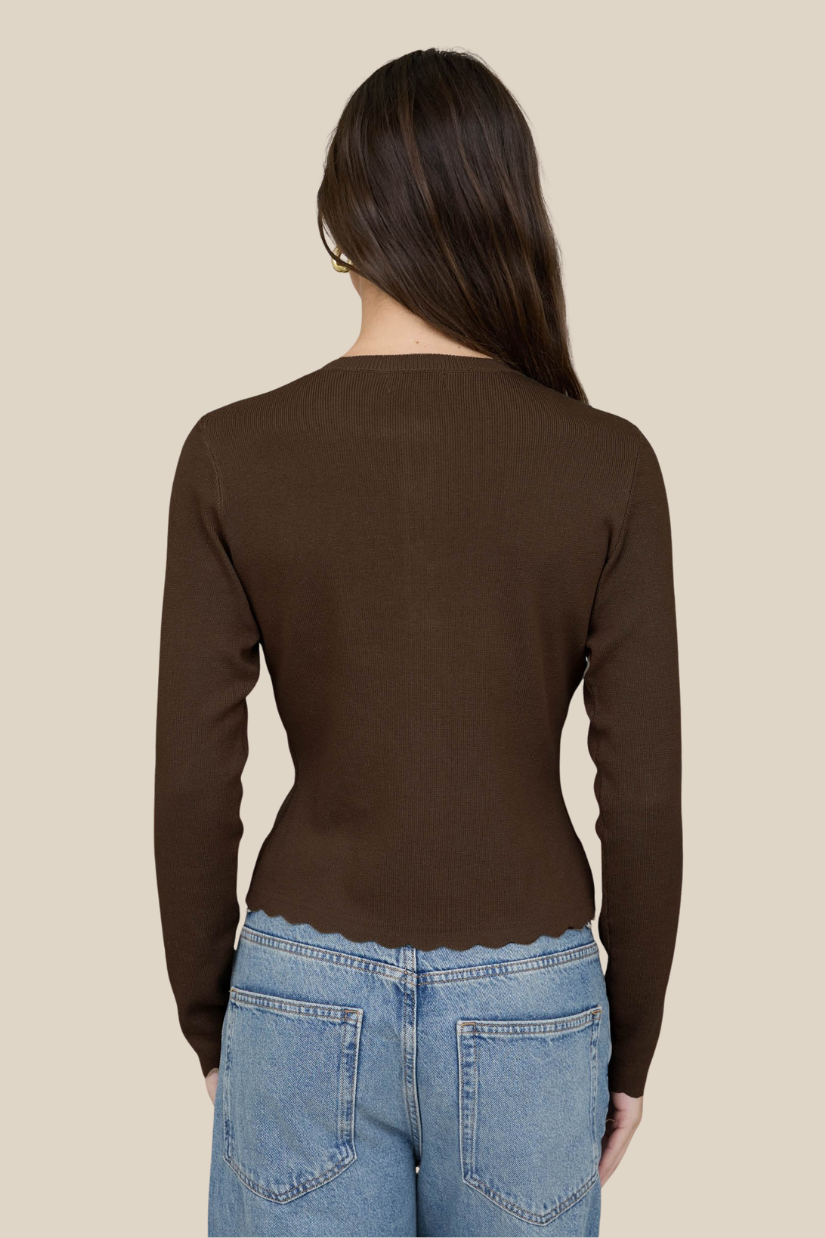Madeline Scalloped Long Sleeve Knit Cardigan in Brown
