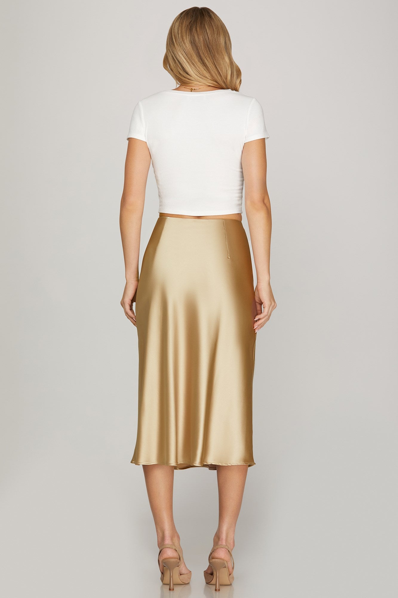 Delphine Satin Midi Skirt in Light Gold
