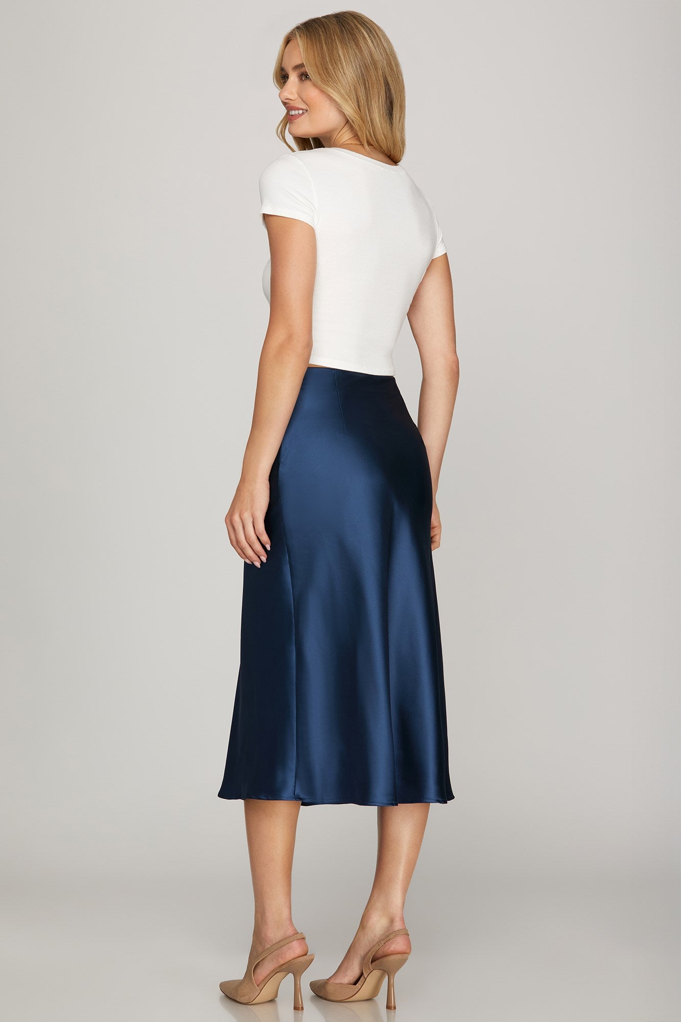 Delphine Satin Midi Skirt in Navy