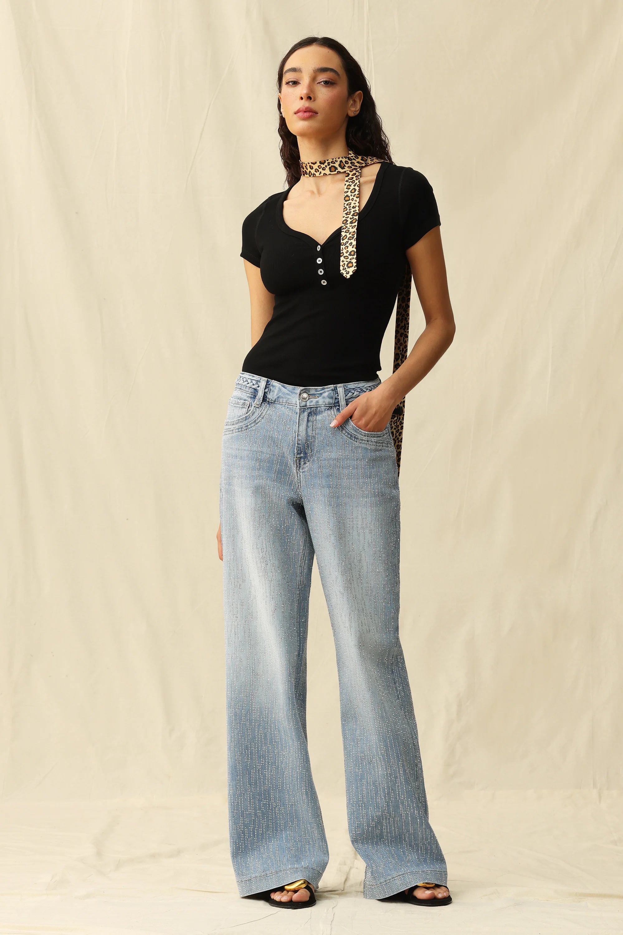 Amira Rhinestone Mid Rise Jeans