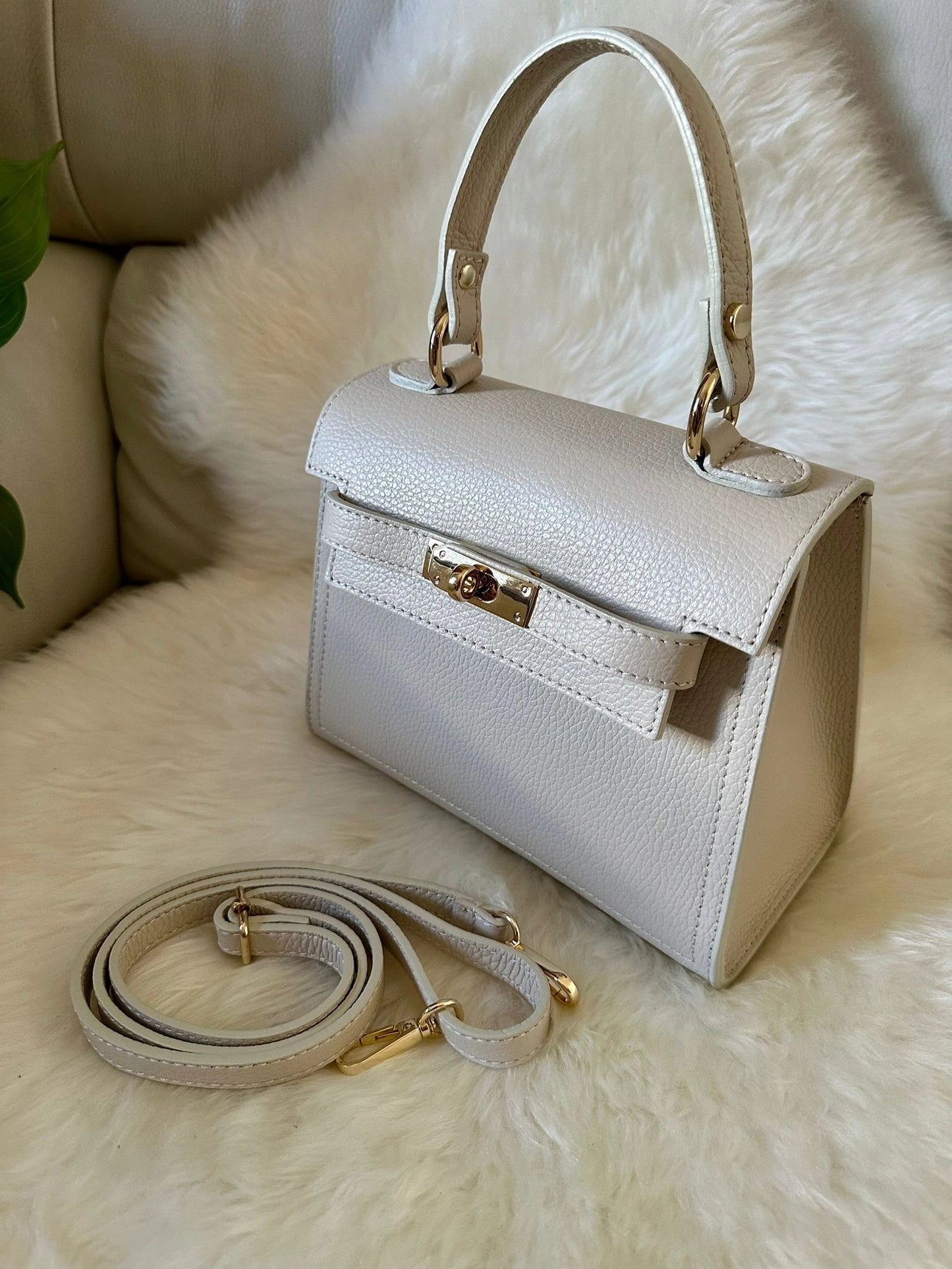 Medium Kallie Genuine Leather Bag in Beige