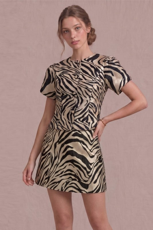 Cierra Metallic Jacquard Zebra Mini Skirt