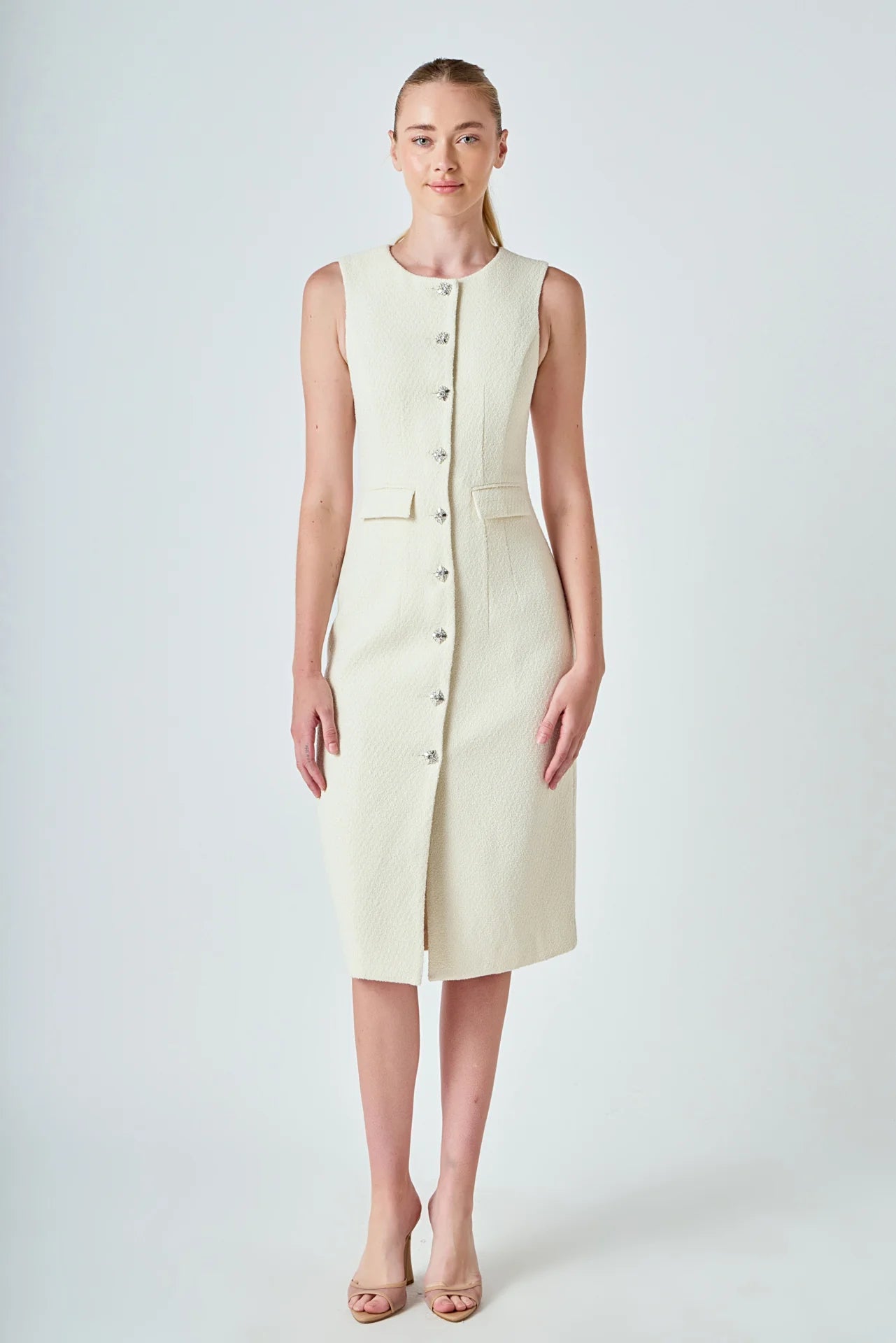 Clara Tweed Midi Dress with Jewel Buttons