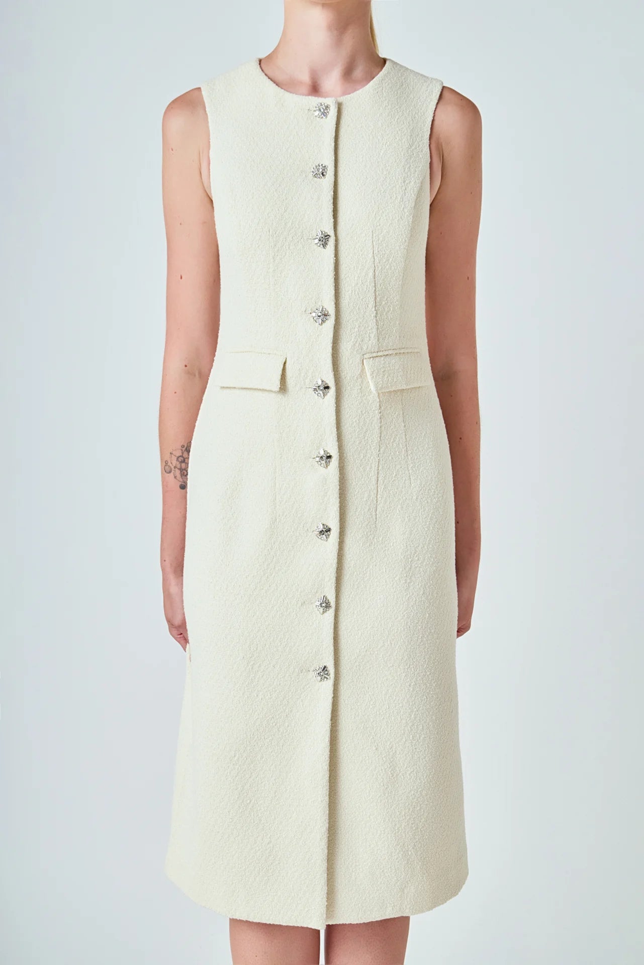 Clara Tweed Midi Dress with Jewel Buttons