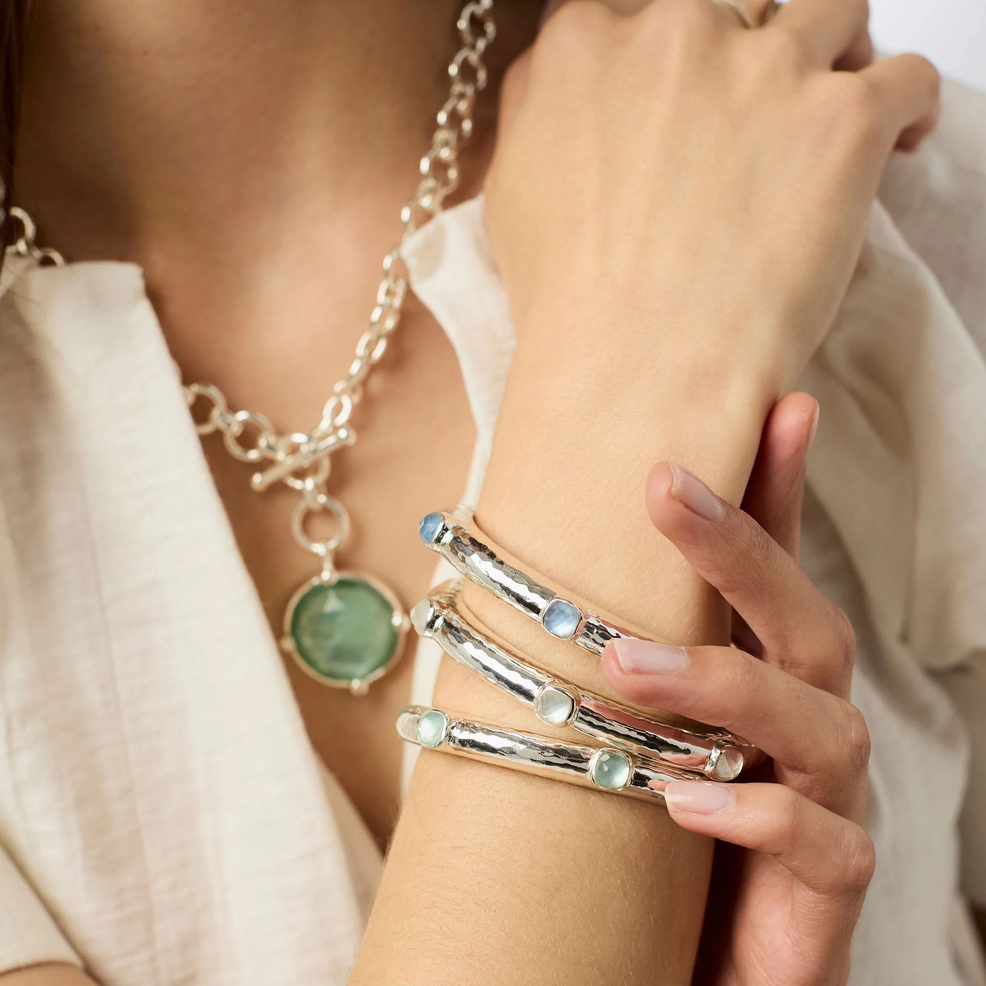 Catalina Hinge Bangle in Silver Iridescent Chalcedony Blue