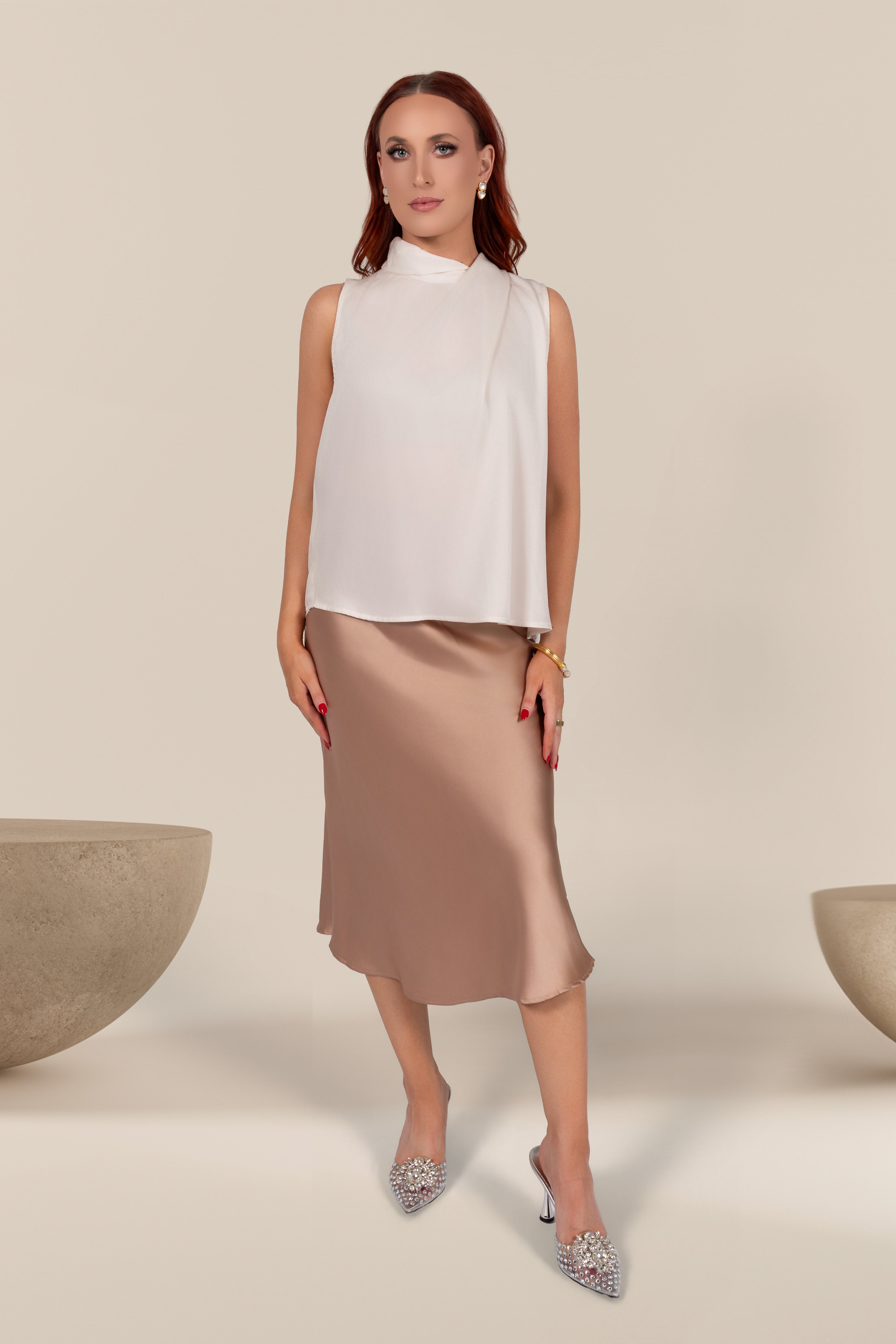 Delphine Satin Midi Skirt in Light Gold
