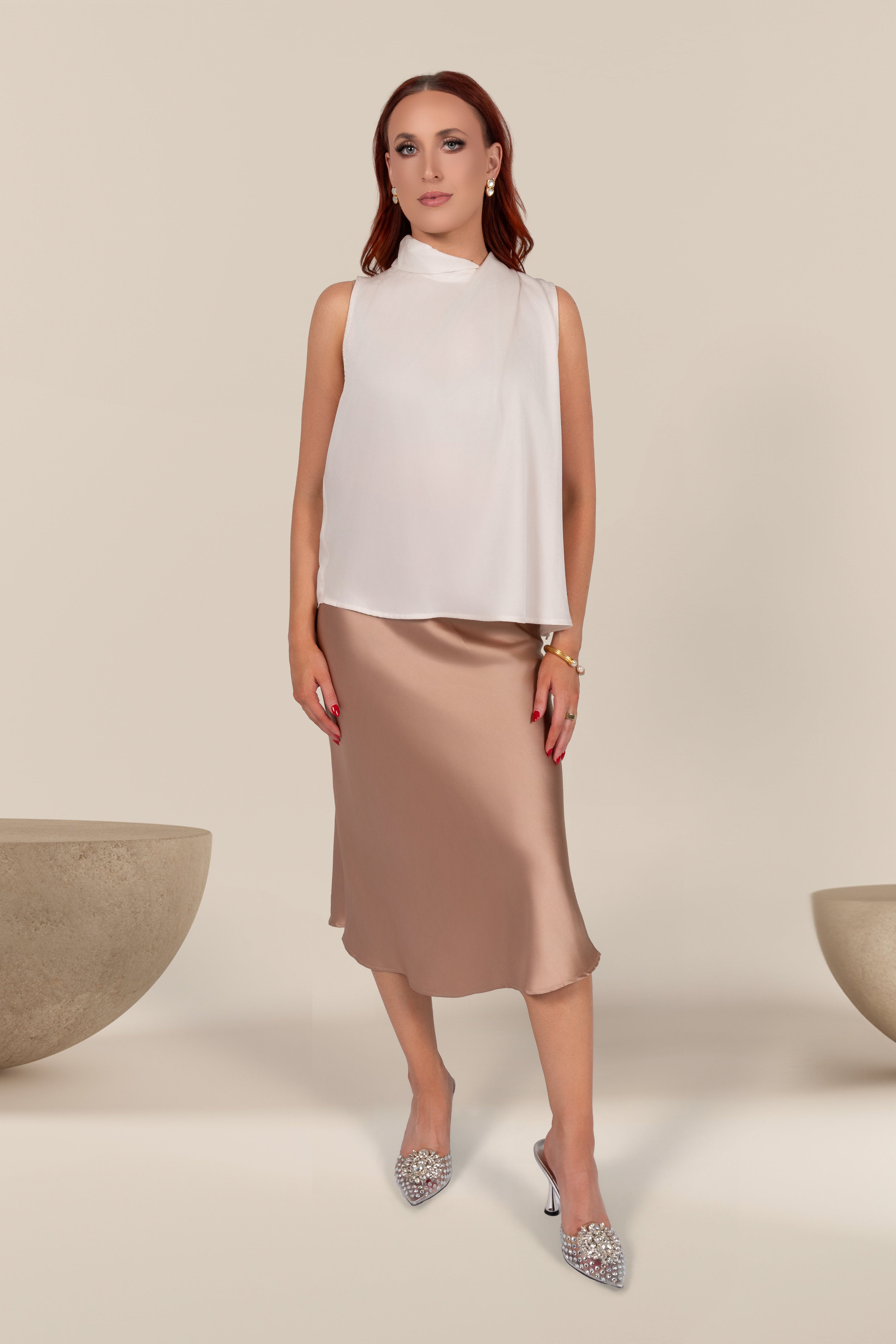 Delphine Satin Midi Skirt in Light Gold