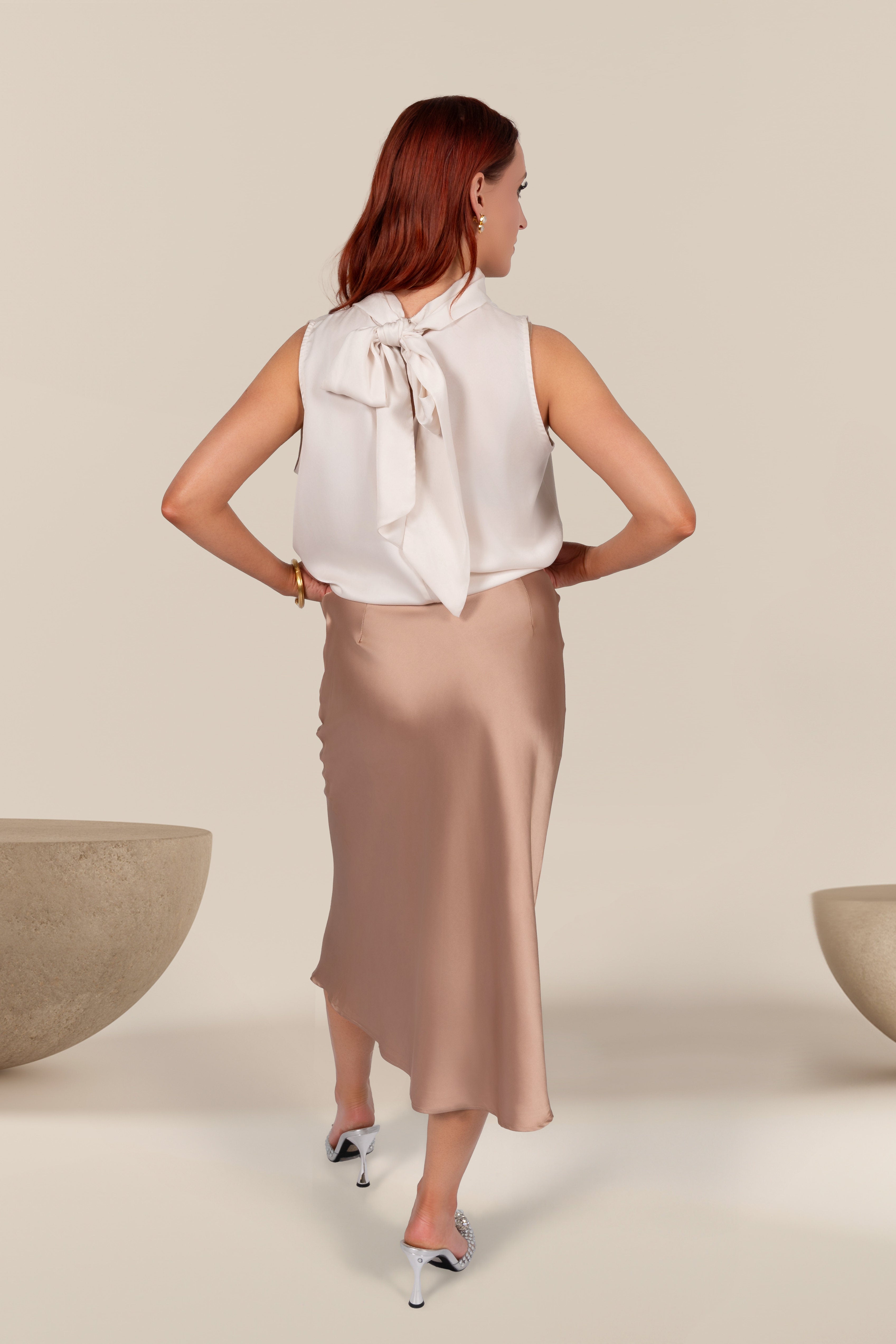 Delphine Satin Midi Skirt in Light Gold