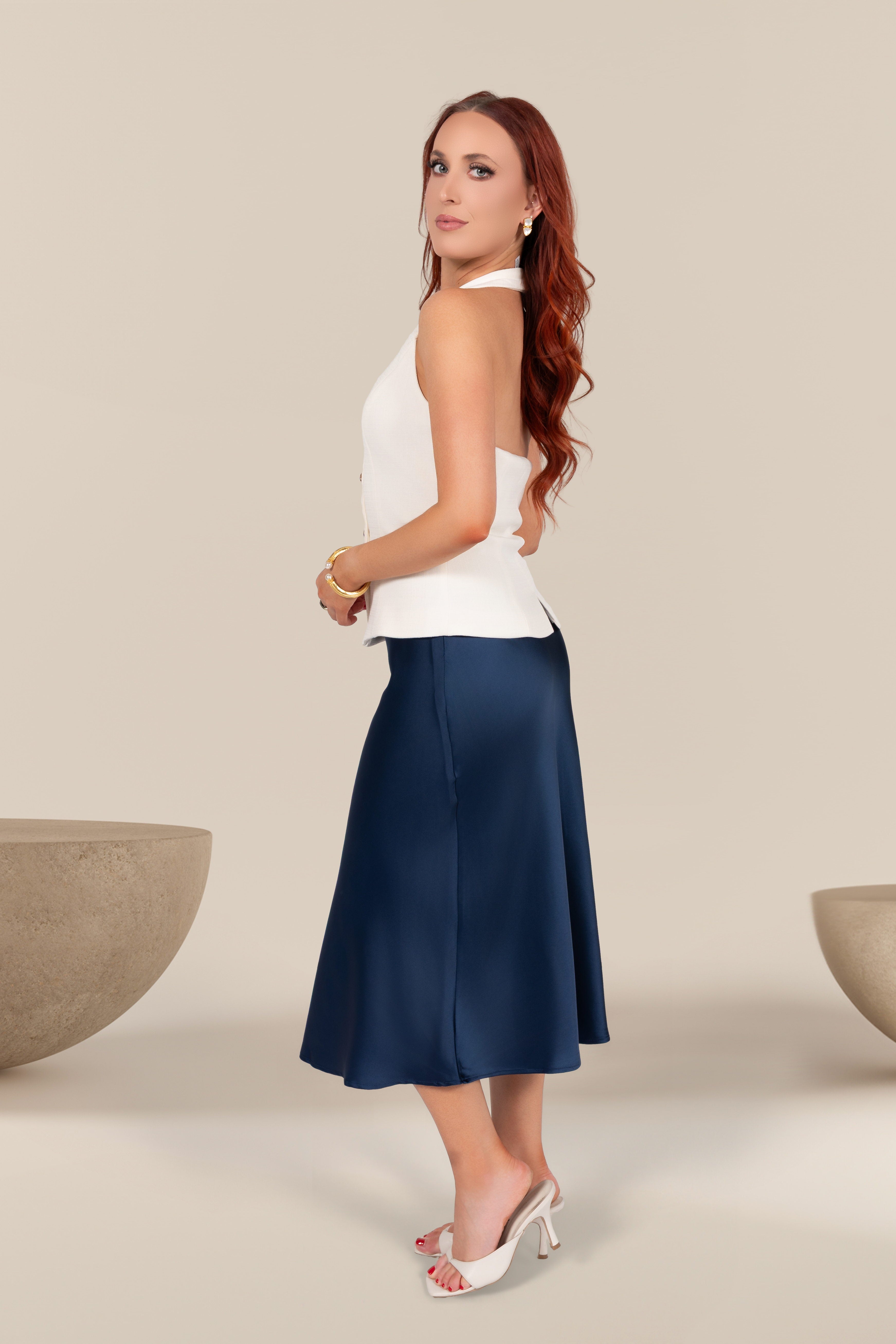 Delphine Satin Midi Skirt in Navy