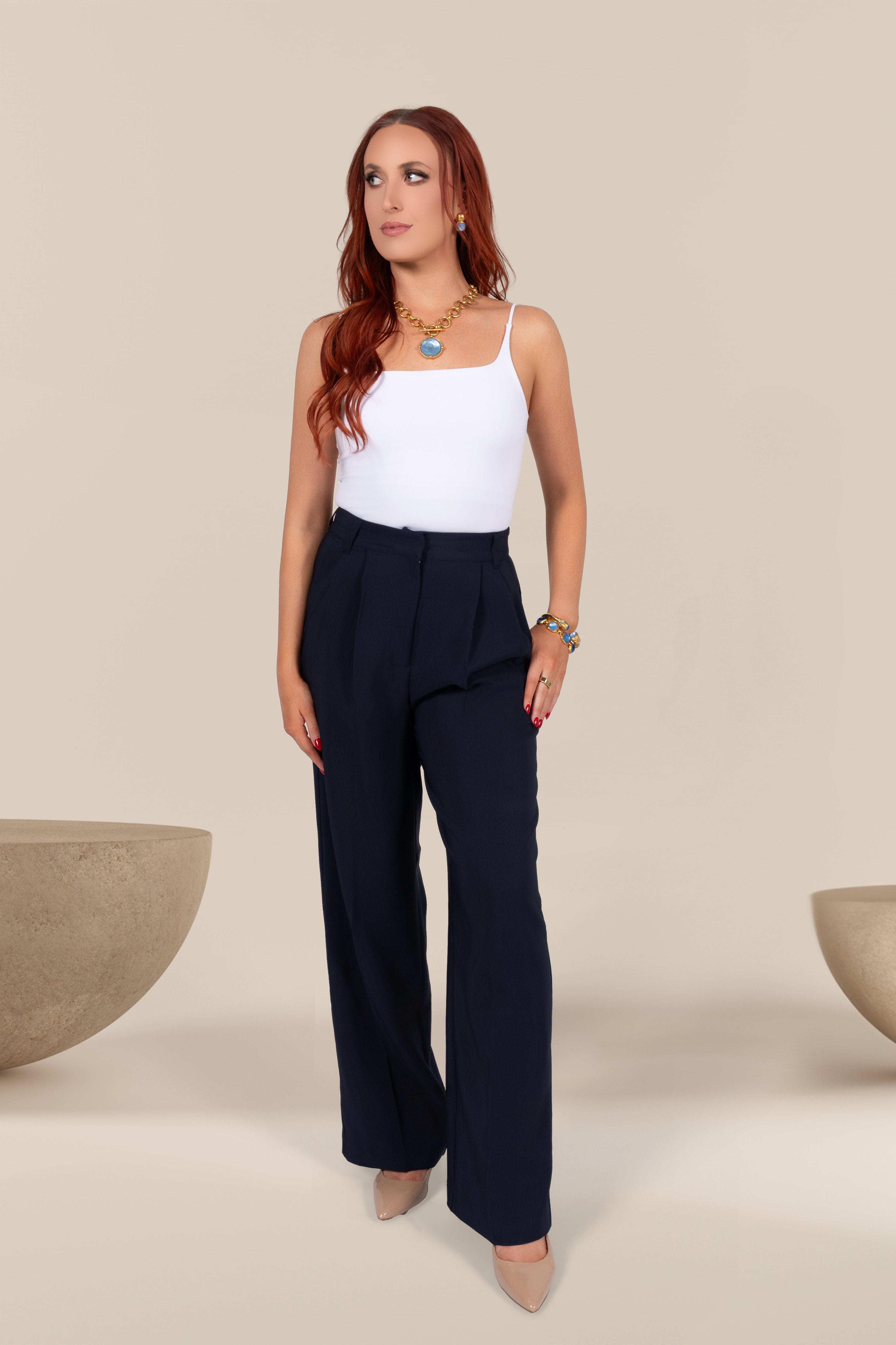 Maren Pleated Wide Leg Trousers in Navy