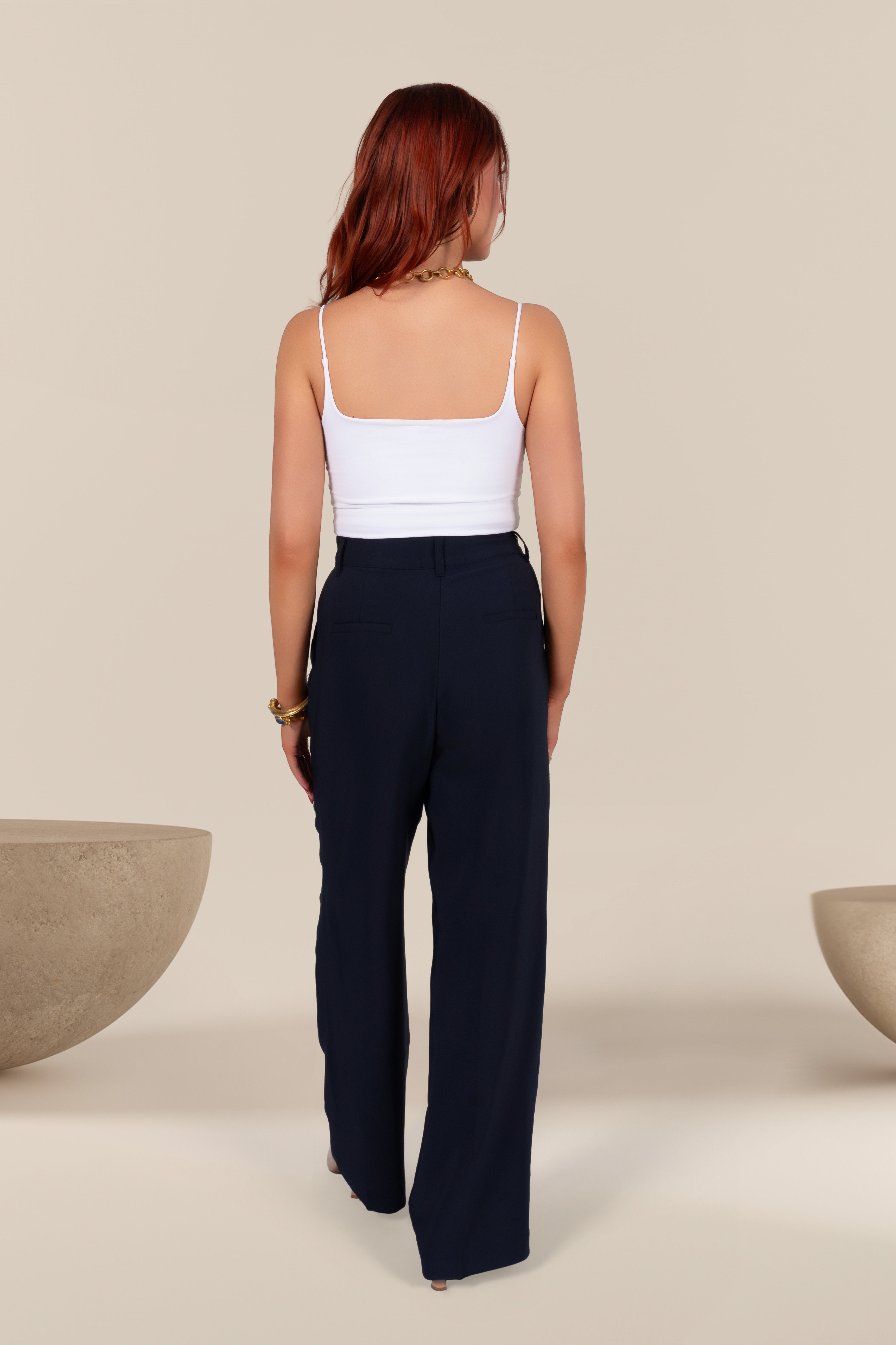 Maren Pleated Wide Leg Trousers in Navy