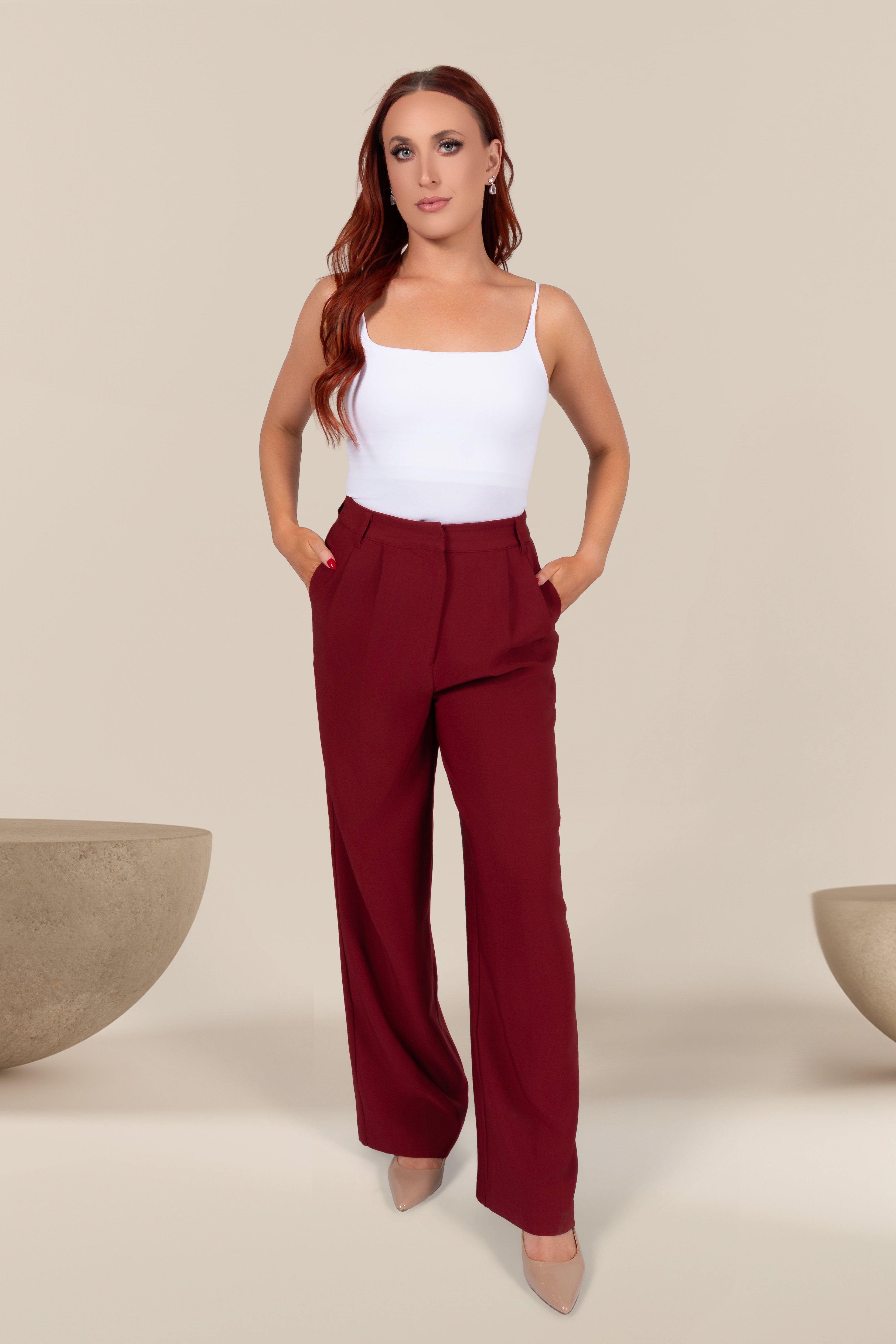 Maren Pleated Wide Leg Trousers in Burgundy