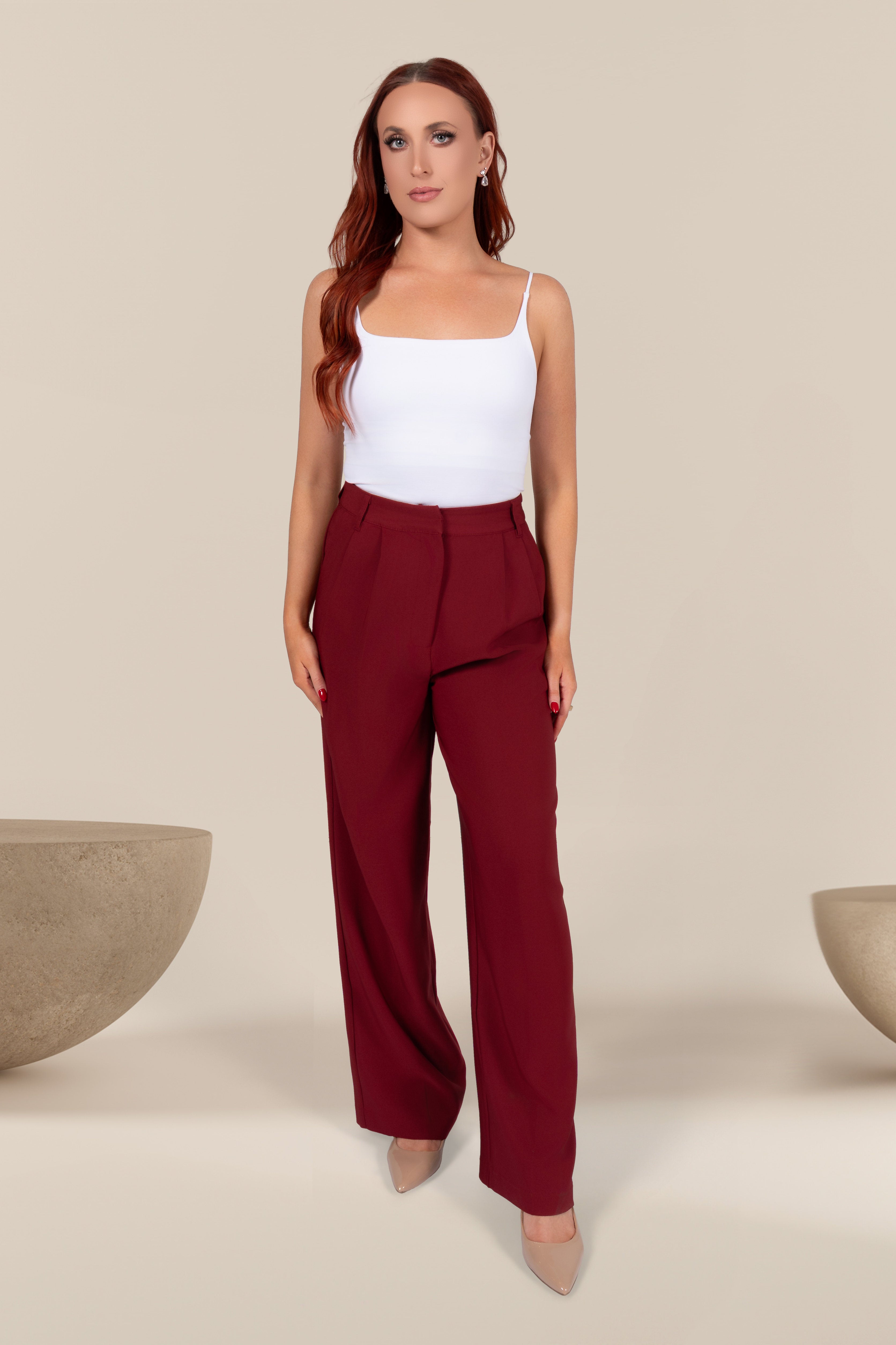 Maren Pleated Wide Leg Trousers in Burgundy