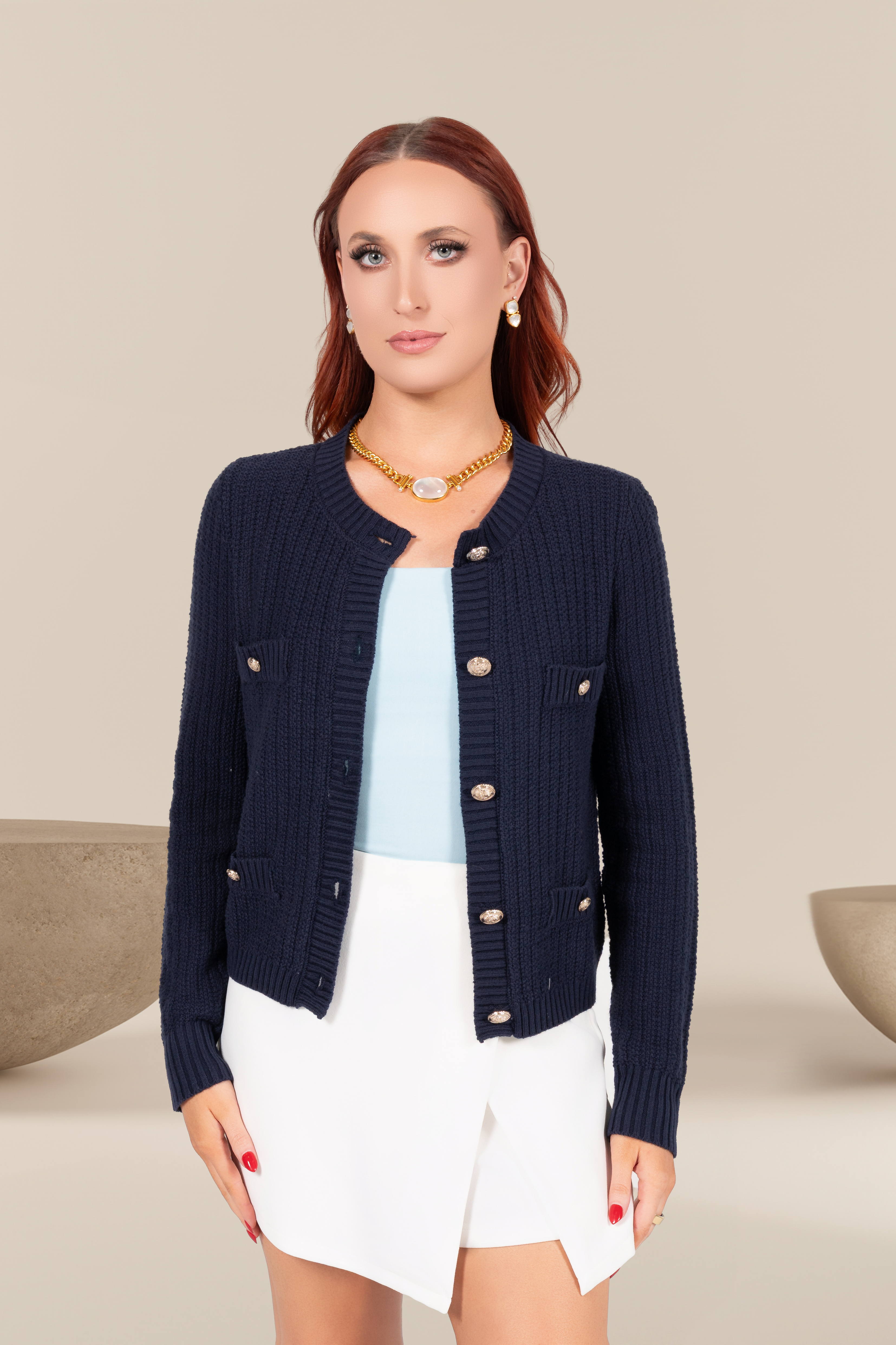 Ellie Textured Knit Cardigan in Navy