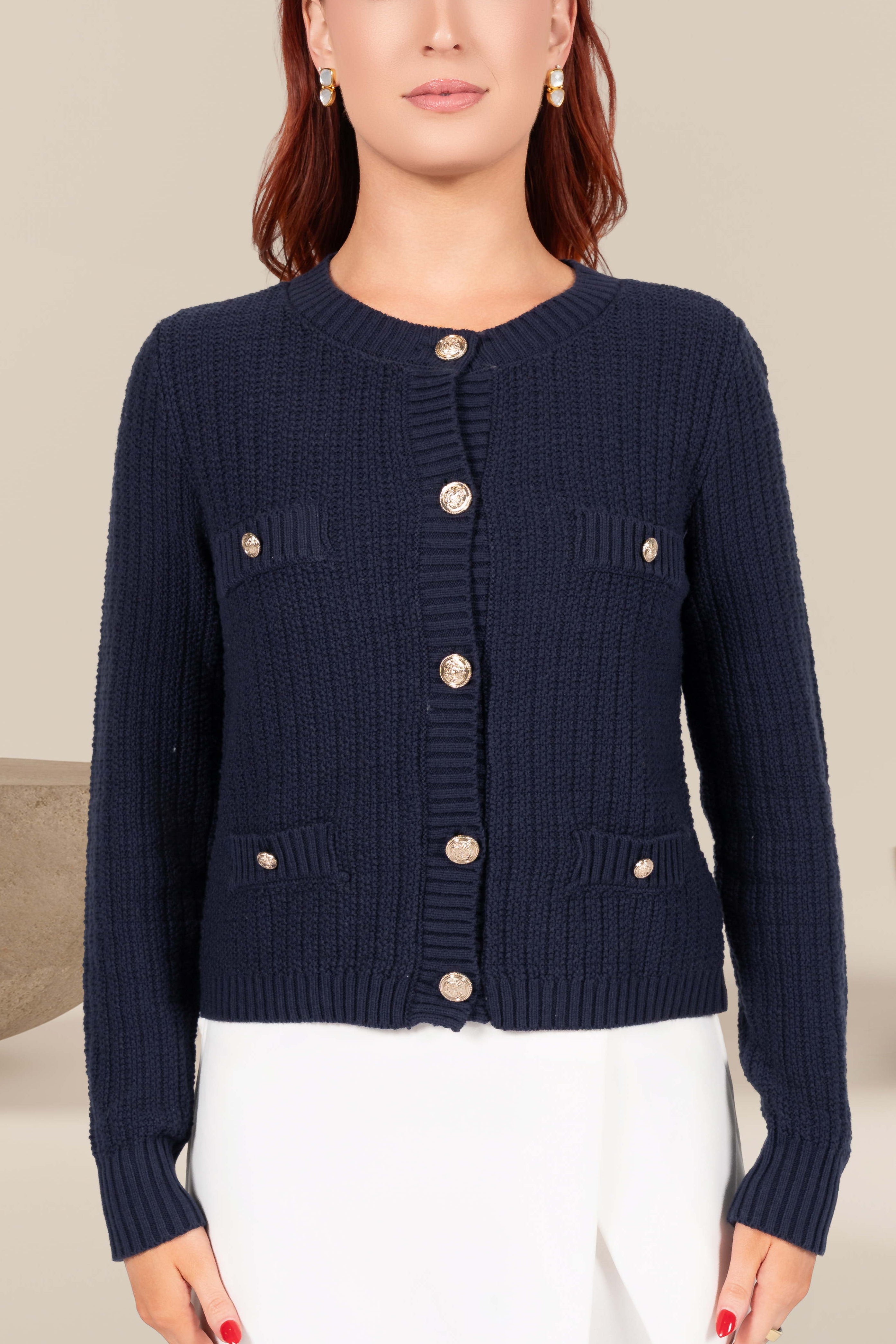 Ellie Textured Knit Cardigan in Navy