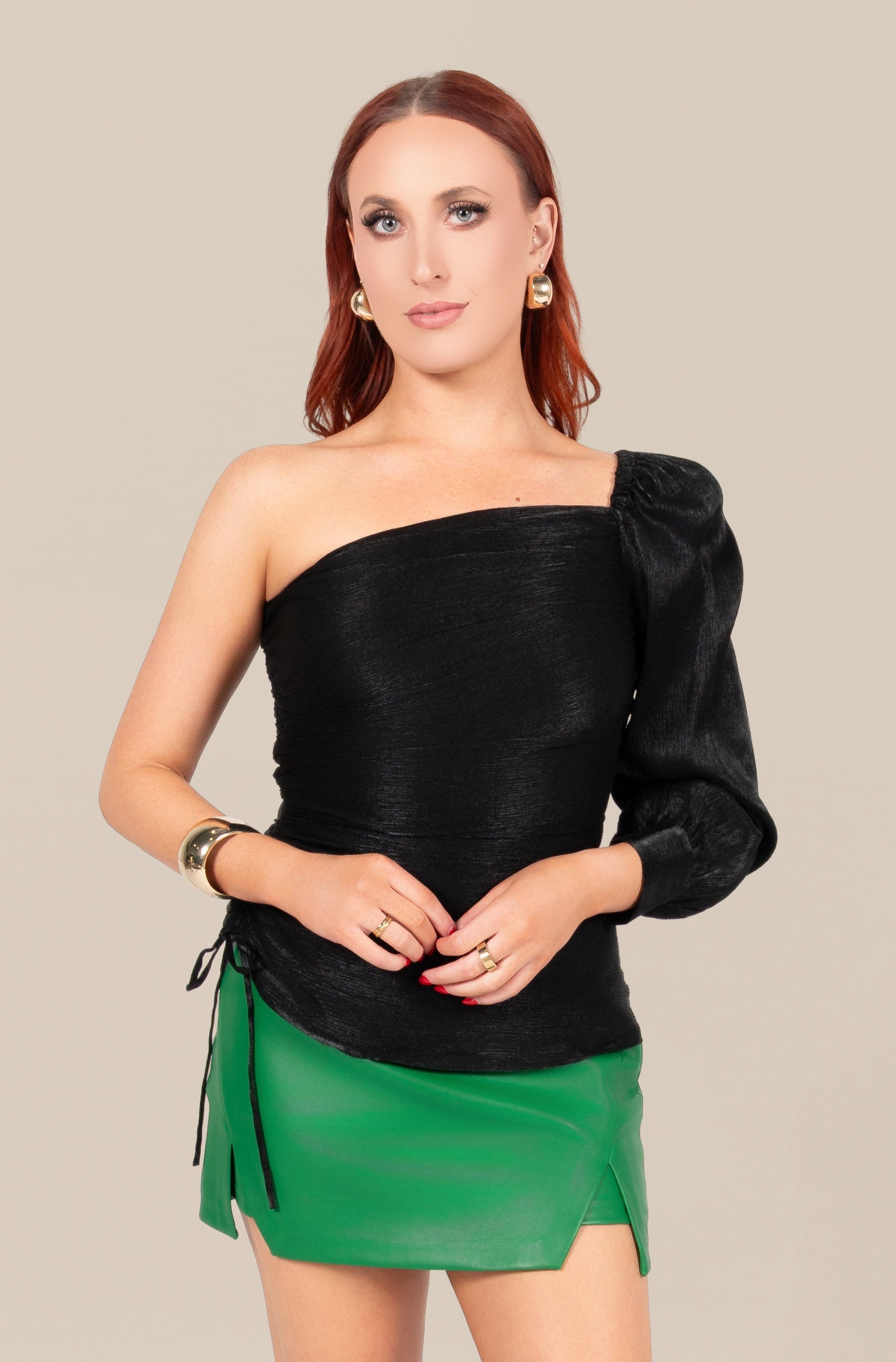 Cut Out Mini Skort in Green Faux Leather