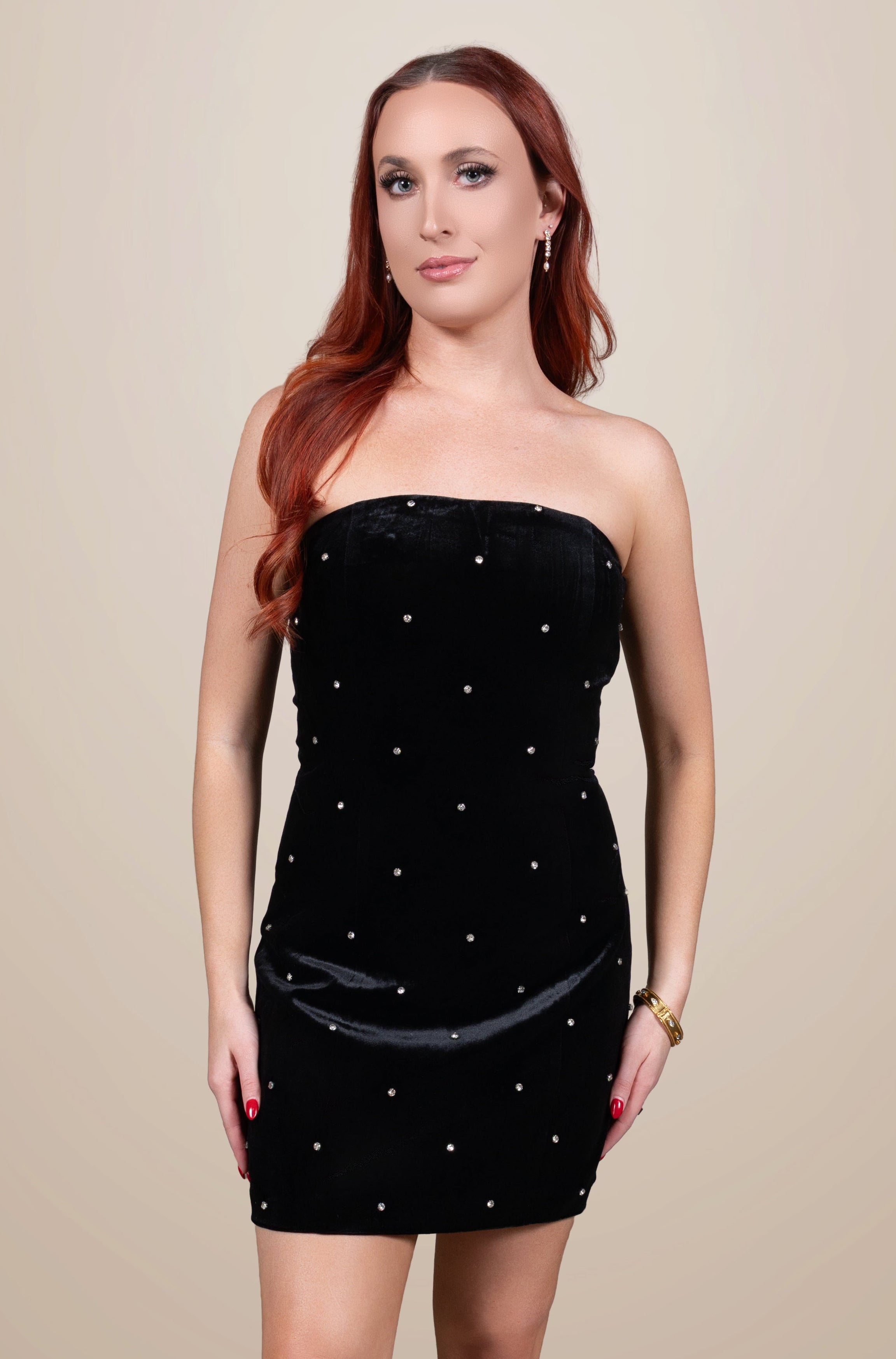Ophelia Velvet Rhinestone Strapless Mini Dress