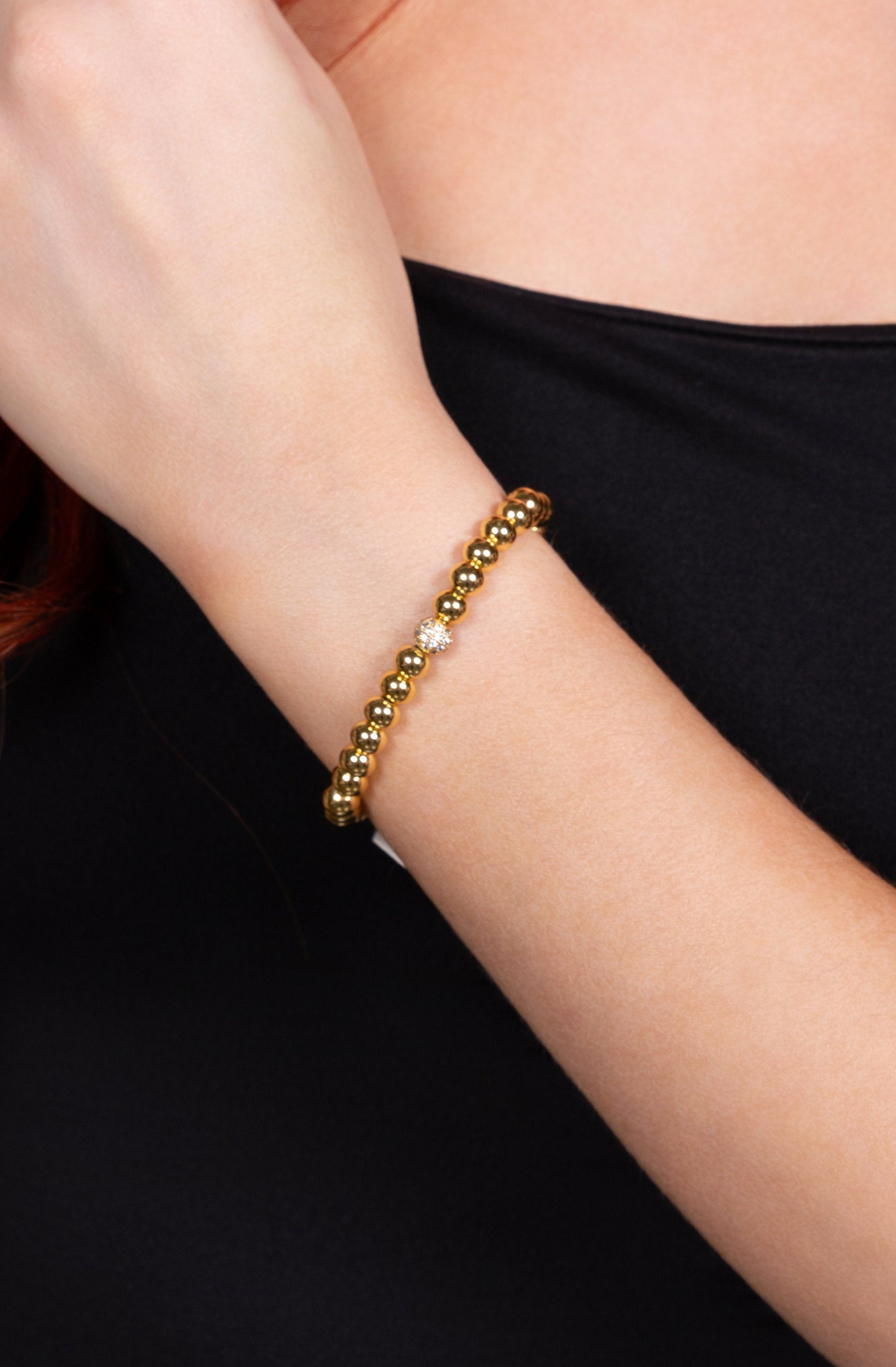 Gold Bead Bracelet with CZ