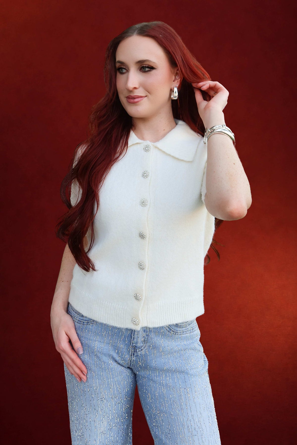 Adeline Button Front Sweater Top in Cream
