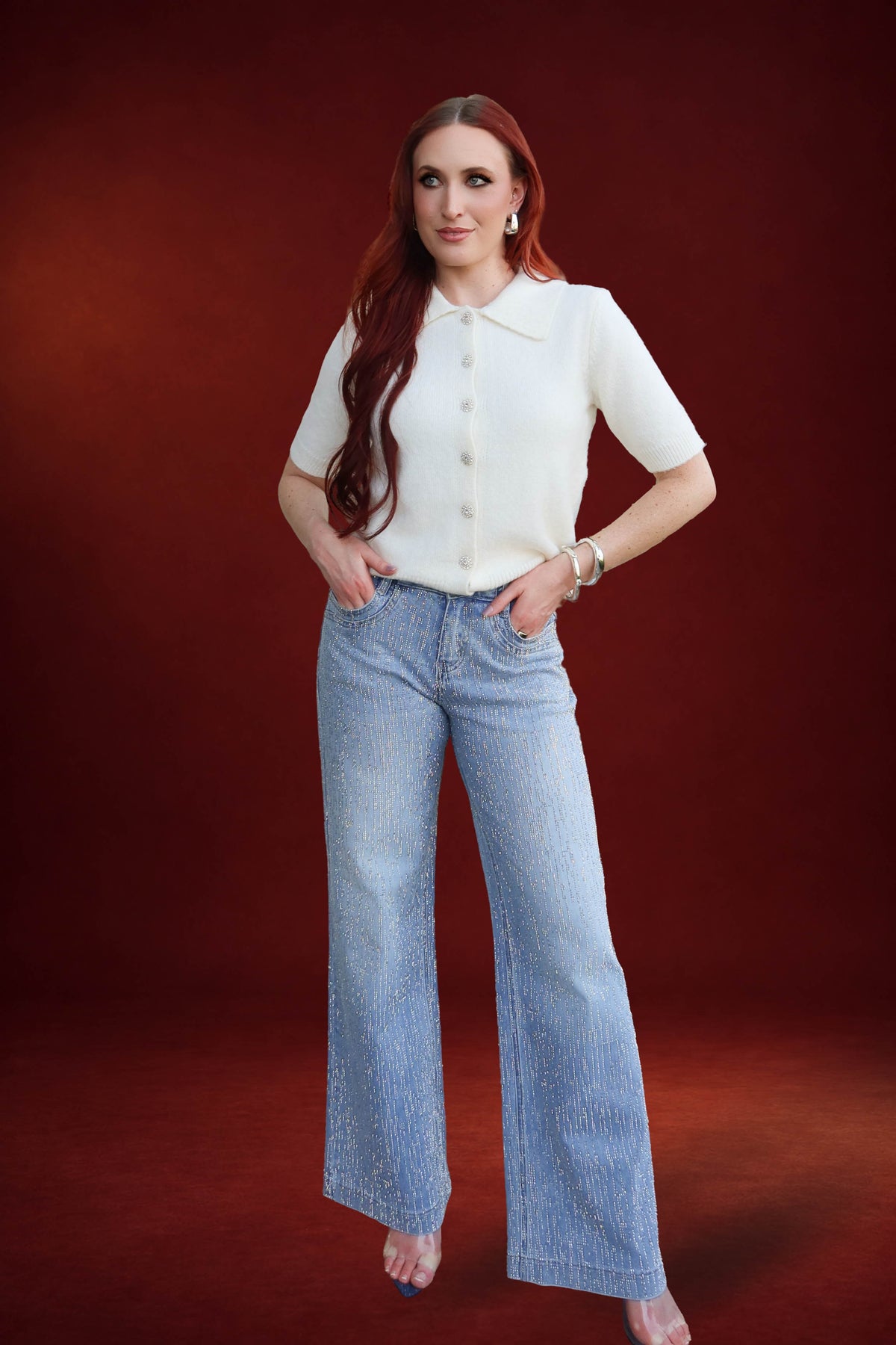 Amira Rhinestone Mid Rise Jeans