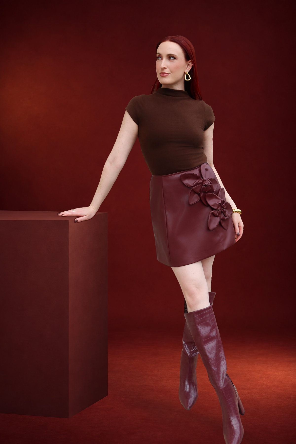Rosie Flower Appliqué Faux Leather Mini Skirt