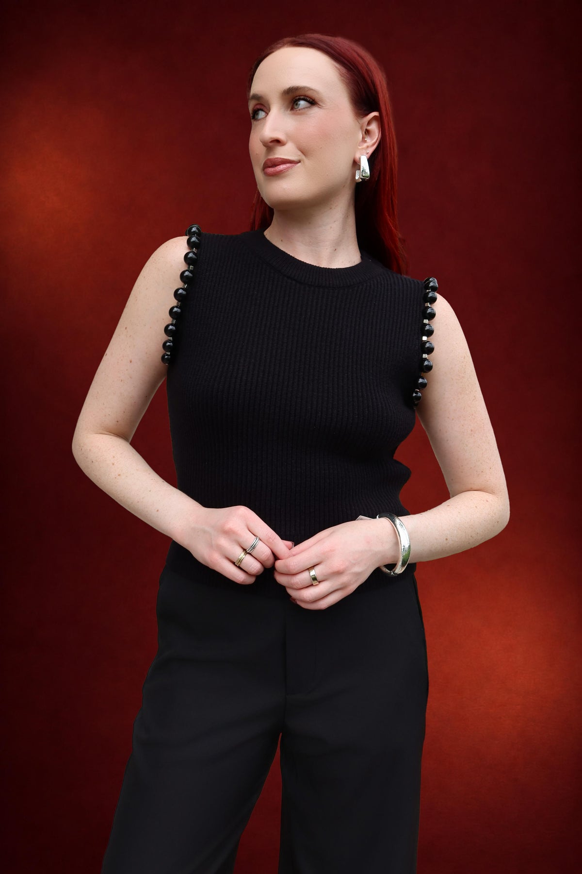 Remi Beaded Sleeveless Sweater Top in Black