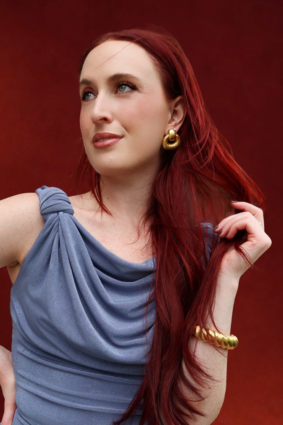 Josephine Knotted Cowl Neck Top in Blue