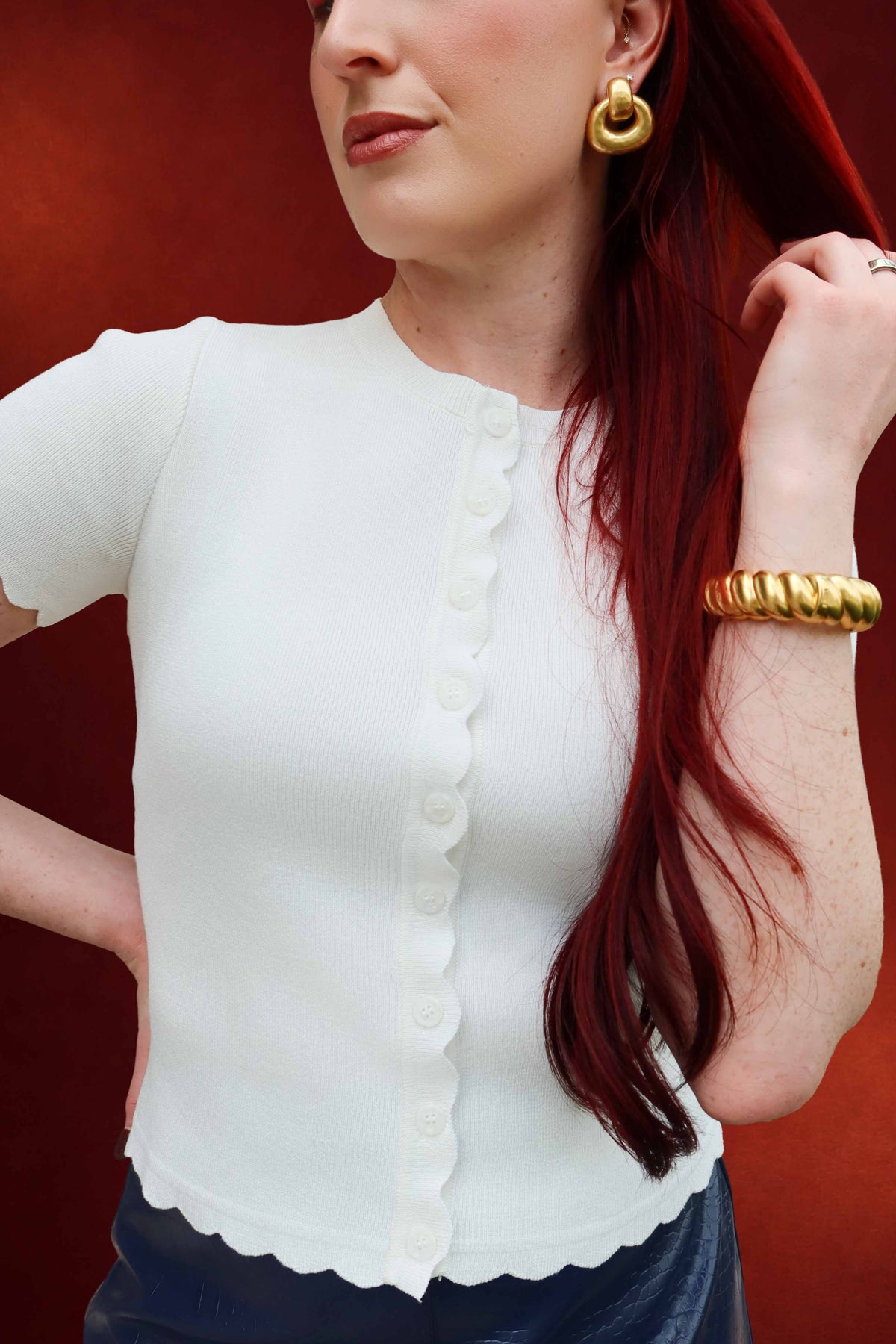 Millie Scalloped Short Sleeve Knit Cardigan in Ivory