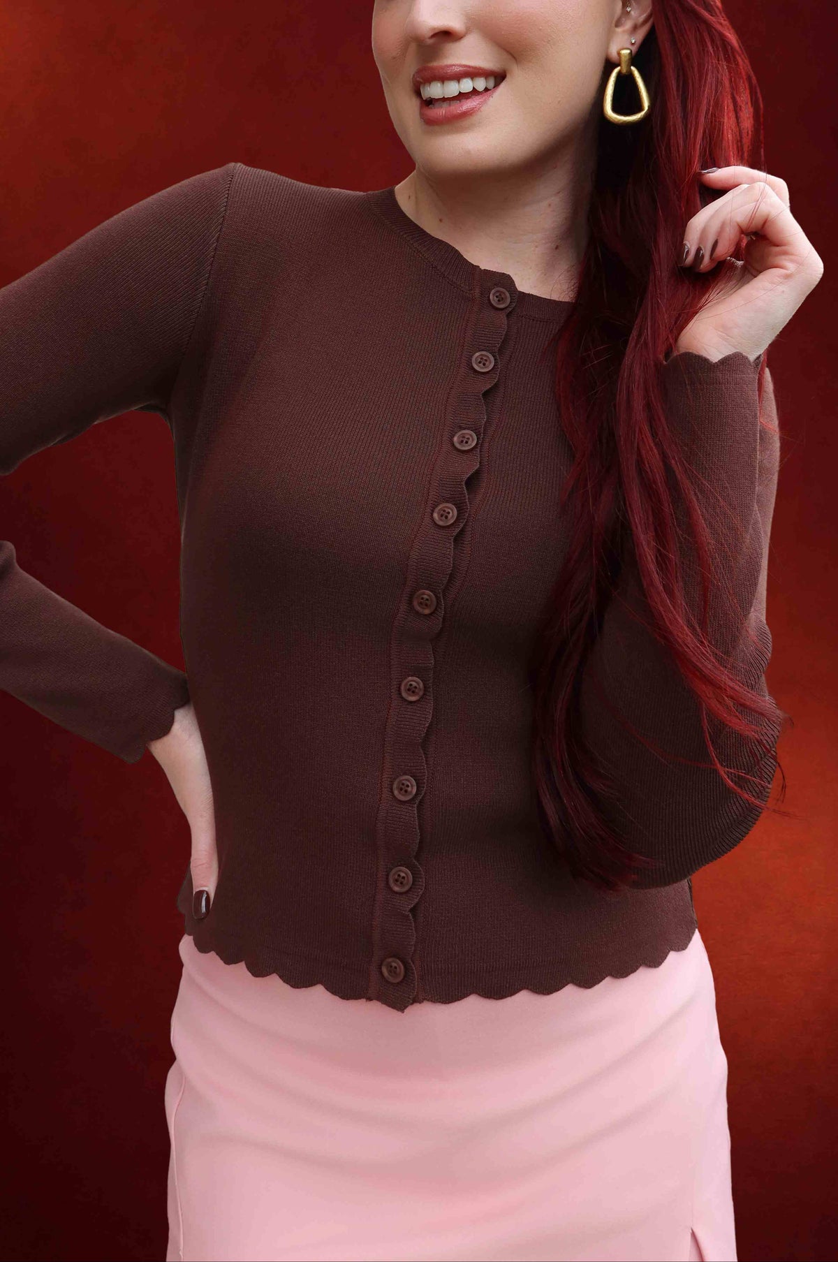 Madeline Scalloped Long Sleeve Knit Cardigan in Brown
