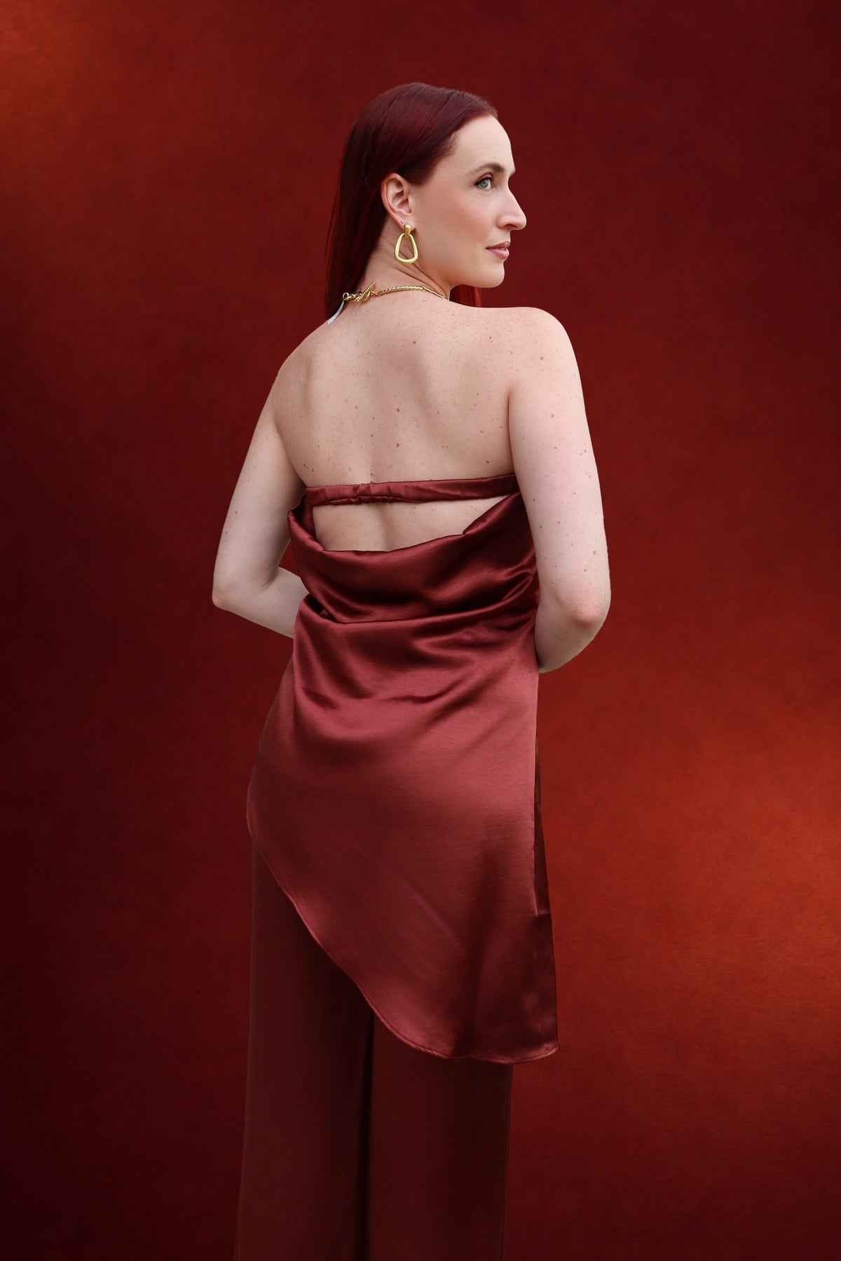 Kennedy Satin Strapless Top with Draped Back