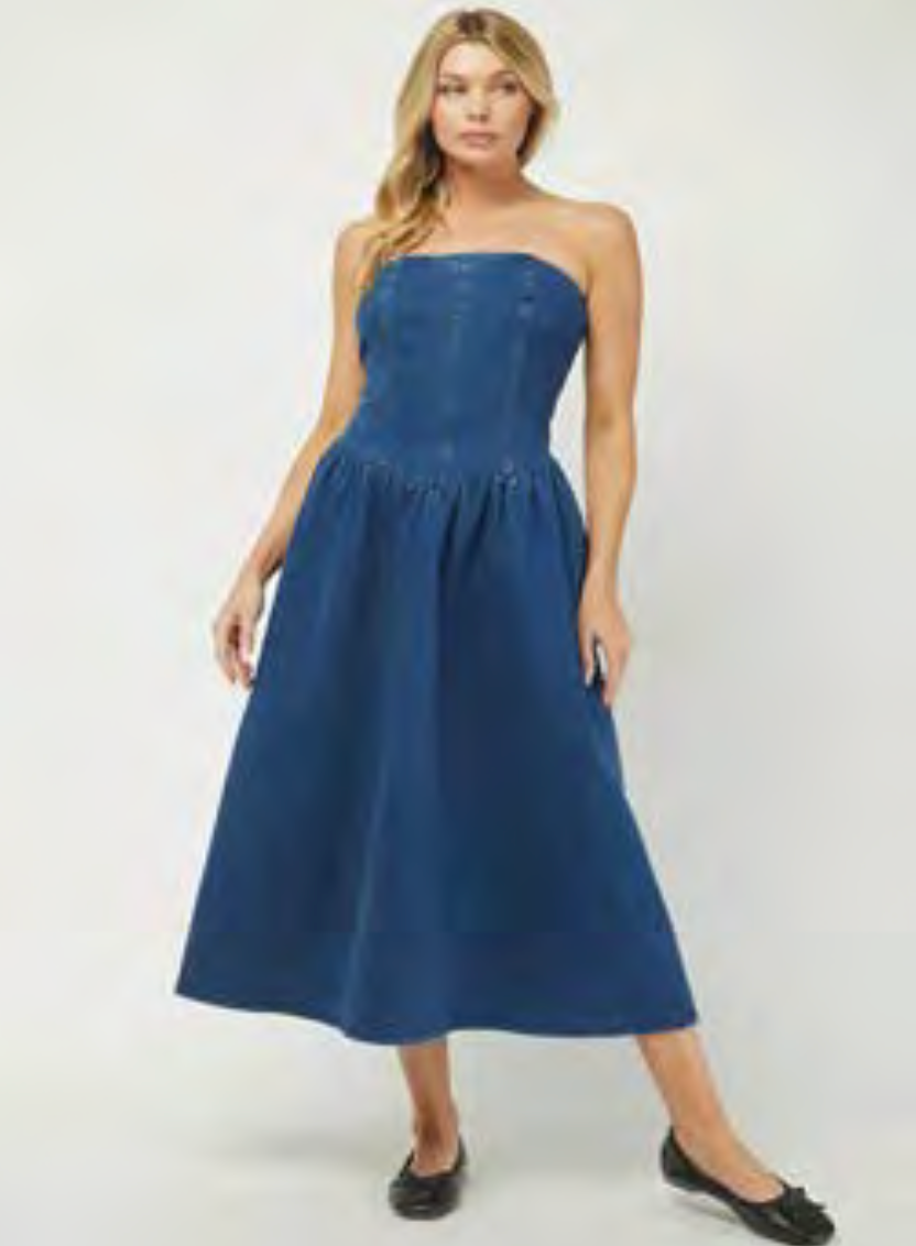 Nala Strapless Denim Midi Dress