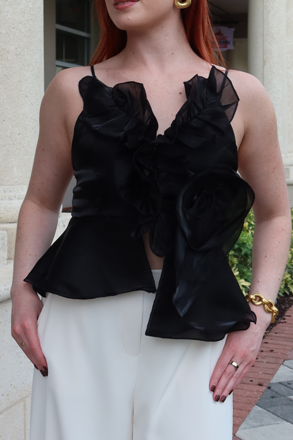 Elena Ruffled Floral Cami Top in Black