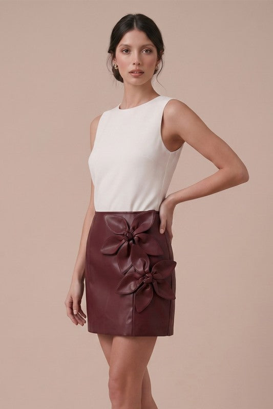 Rosie Flower Appliqué Faux Leather Mini Skirt