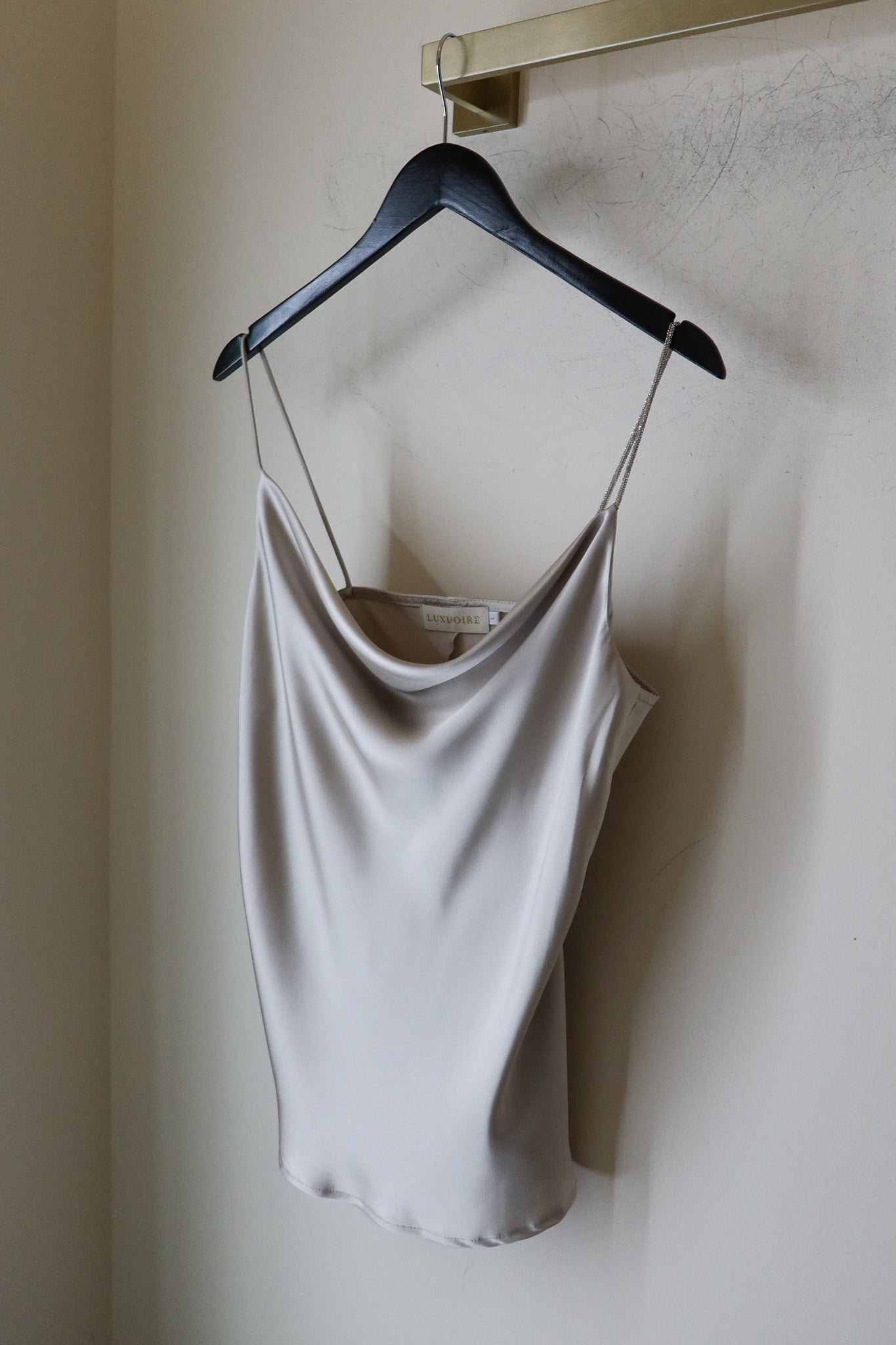 Rianna Satin Top with Single Bejeweled Strap in Champagne
