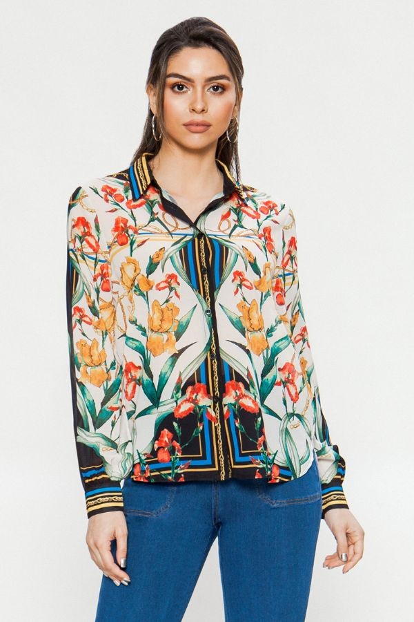 Floral Print Button Down in Off White / Black