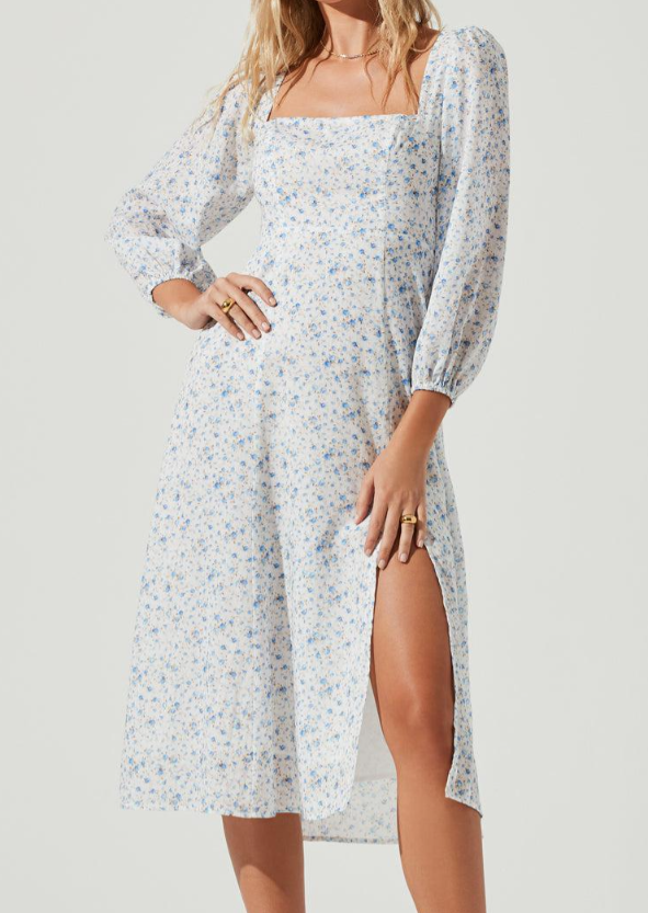 Linen Blend Ditsy Floral Midi Dress