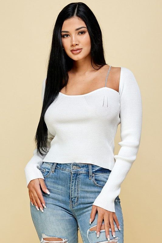 Sweetheart Knit Top with Rhinestone Straps in White