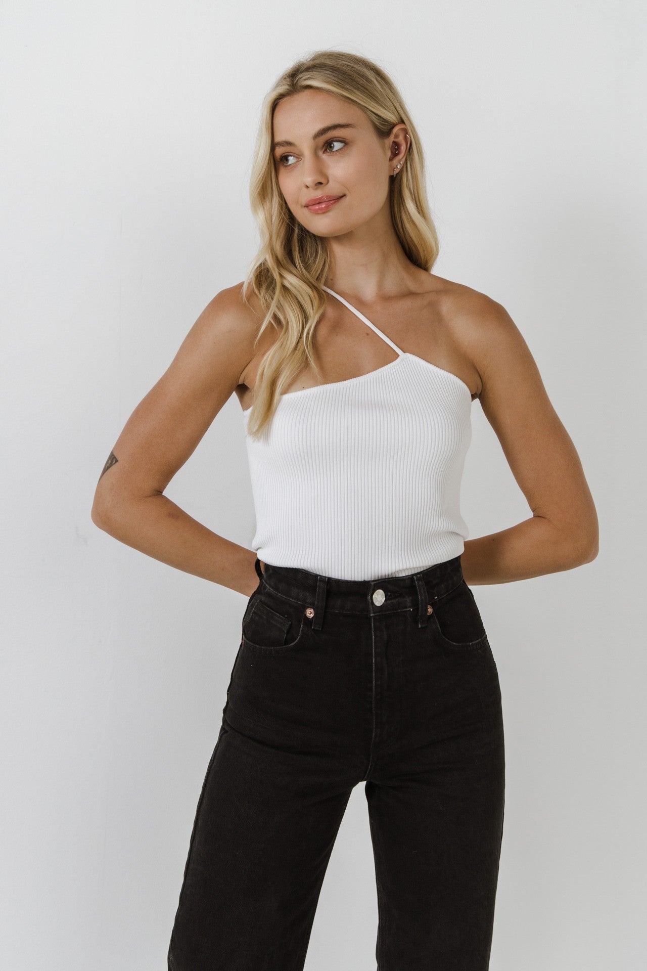 One Shoulder Strap Knit Tank Top in White
